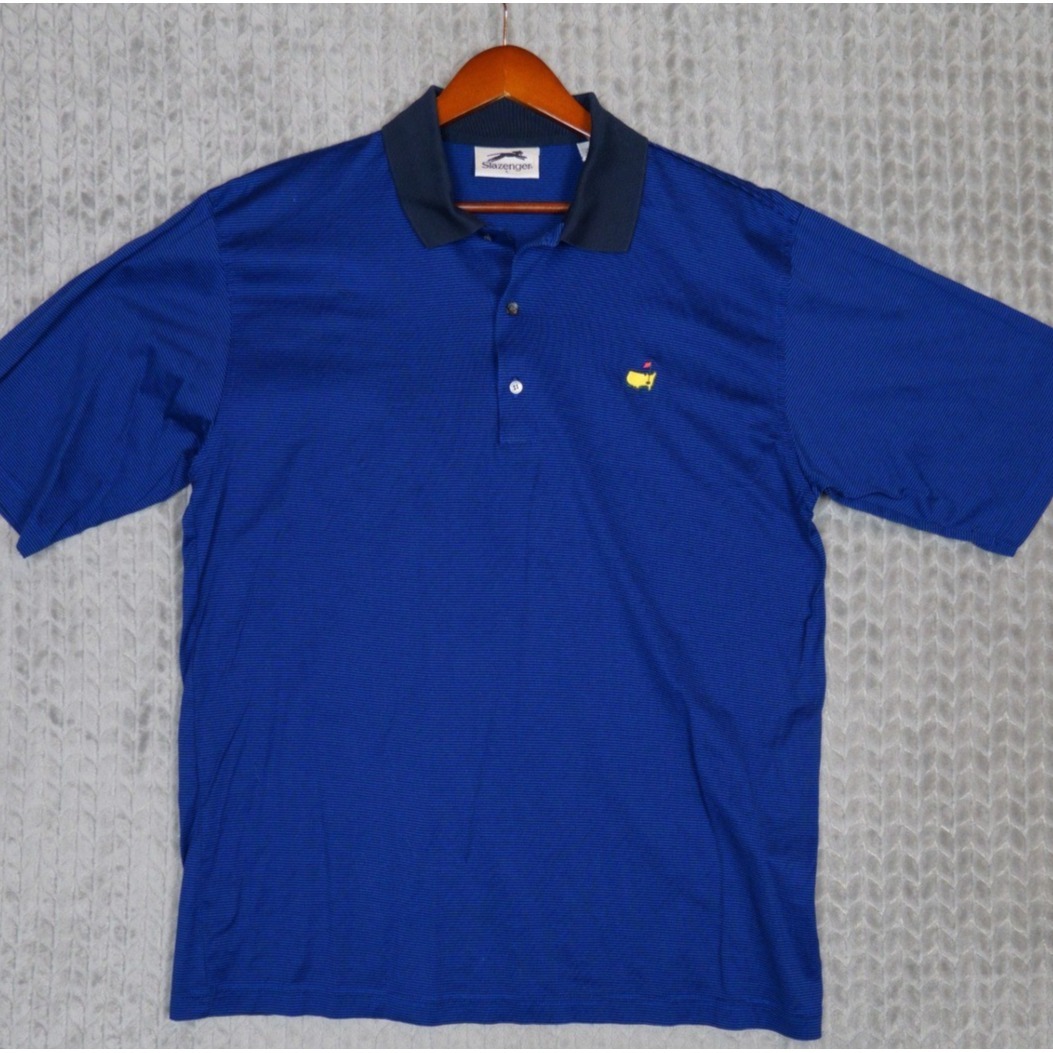 Slazenger Mens Large Blue Striped Masters Tournament Golf Polo Shirt Cotton